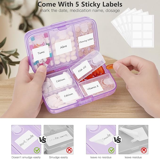 FYY Weekly Pill Organizer with Labels,8 Compartments Travel Daily Pill Case Airtight Moistureproof Large Pill Box to Hold Vitamins, Fish Oil, Supplements,Cotton Swab and Bandages-Purple