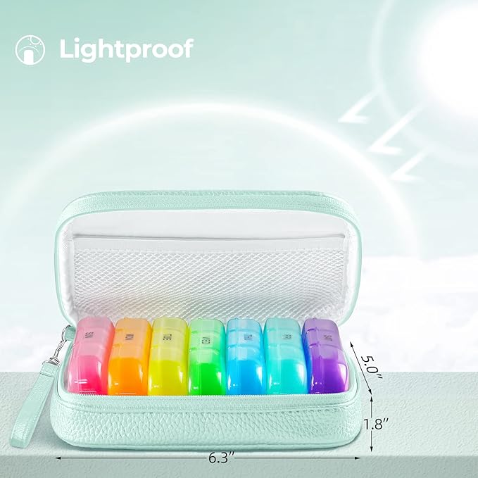 Cute Pill Organizer 3 Times a Day, Large Daily Pill Case for Women, Portable Pill Box 7 Day for Purse with Bag & Zipper to Hold Vitamins, Medications, Fish Oils, Supplements (Cyan Blue)