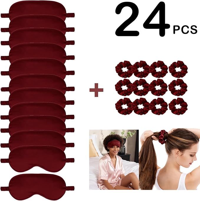 24Pcs Satin Eye Mask Silk Sleep Masks Silky Eyes Cover Blackout Blindfold Eyeshade Scrunchies Hair Ties Travel Wedding Gift