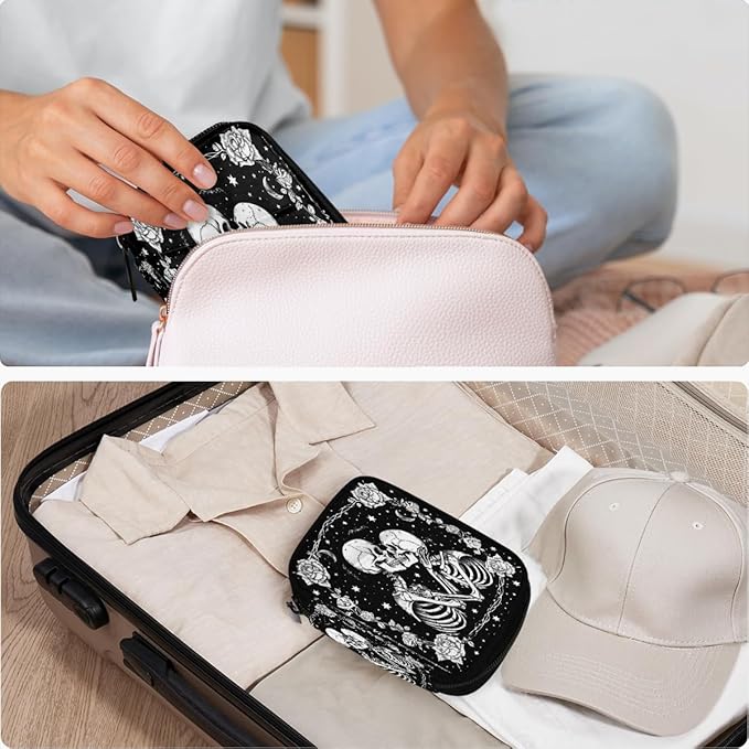 Black Romantic Skull Pill Case Travel Pill Organizer Weekly 7 Day Portable with Zipper Medicine Box Pill Case for Vitamins, Birth Control,Fish Oils,Medication, Supplements