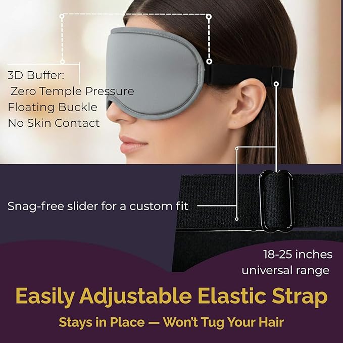 3D Contoured Eye Mask for Travel - 100% Blackout Sleep Mask for Men Women - Zero Eye Pressure Adjustable Eye Cover for Nap, Office & Meditation, Comfortable & Soft - Slate Gray