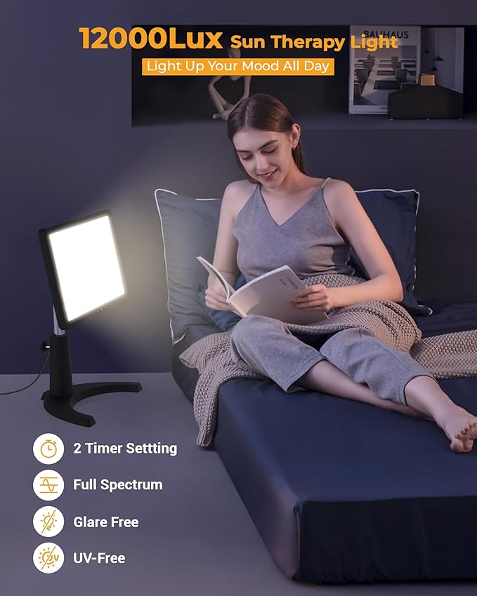 Light Therapy Lamp, 12000 Lux Full Spectrum 3 in 1 Therapy Lamps LED Sunlight, Adjustable 10 Brightness 5 Color Modes, Timer, Height, Angle& Detachable Stand, Black