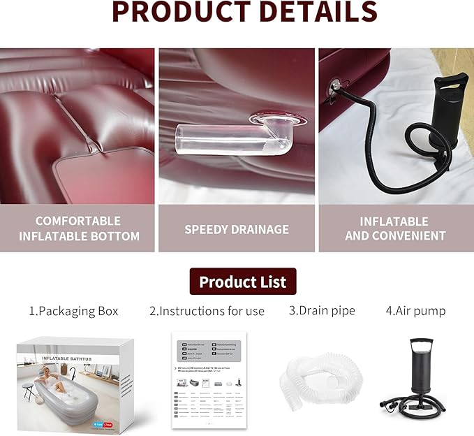 Inflatable Bathtub for Women, with Pillow Headrest - Portable Foldable Freestanding Hot Spa Bath Tub with Cover, Elegant Indoor One-Person Soaking Tub for Self-Care & Relaxation,Burgundy