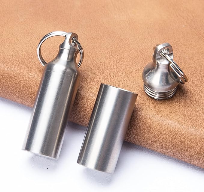 Titanium Keychain Pill Holder Mini Waterproof Pill Container Portable Pocket Pill Case Small Pill Storage Box Organizer for Men Daily Outdoor Camping Travel (A)