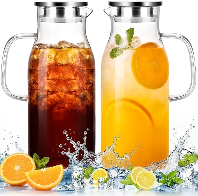 LUNA&MANTHA 2 Pack 2 Liter 68 oz Glass Pitcher with Lid and Handle, Water Pitcher for Fridge, Large Ice Tea Jug for Hot/Cold Drinks, Thick Borosilicate Glass Carafe for Coffee, Juice, Sangria