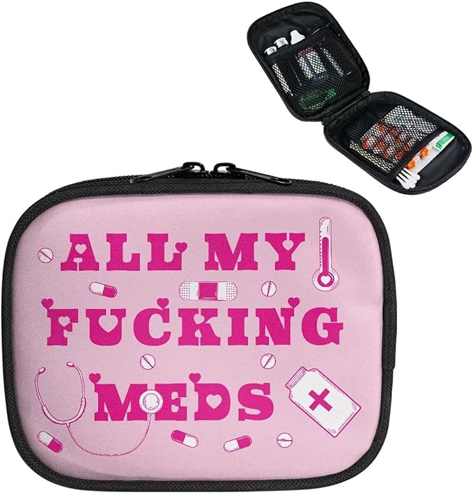 Pink Letters Print Pill Organizer Box Small Medicine Case with Zipper Travel Vitamin Storage Bag Weekly Supplement Holder for Daily Travel