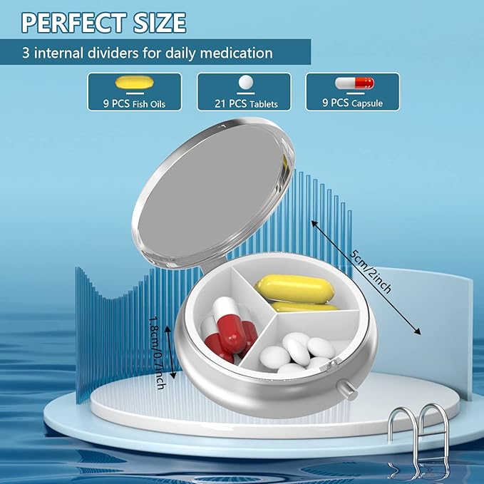Pill Box 3 Compartment Small Pill Case,Portable for Pocket or Purse Pill Organizer Pill Container Holder to Hold Vitamins, Medication, Fish Oil and Supplements(2PCS)