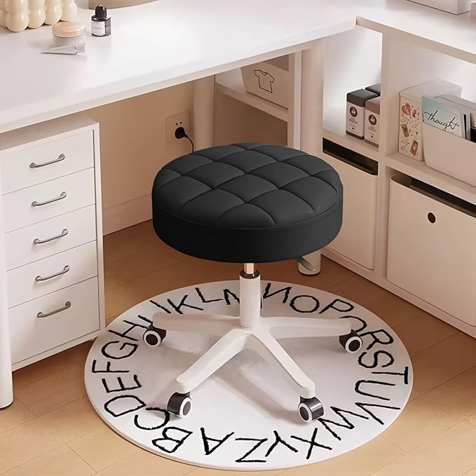 Small Rolling Stool with Wheels, PU Leather Height Adjustable Vanity Work Task Stool, 360 Swivel, Padded Seat Cushion,for Salon, Home, Office