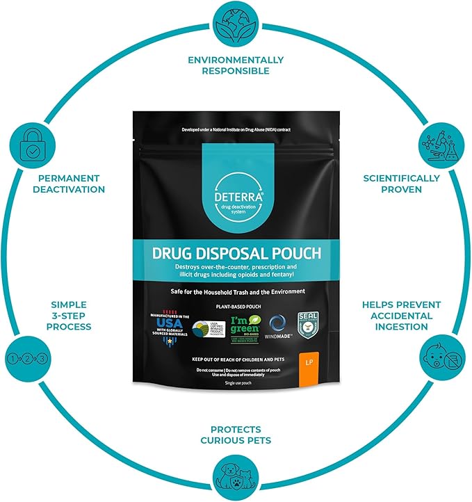 Drug Deactivation Disposal System - Deterra Safe Medication, Pill, and Liquid Destroyer - Large Pouch Disposes 90 Pills, 12 oz or 12 Patches (3-Pack)