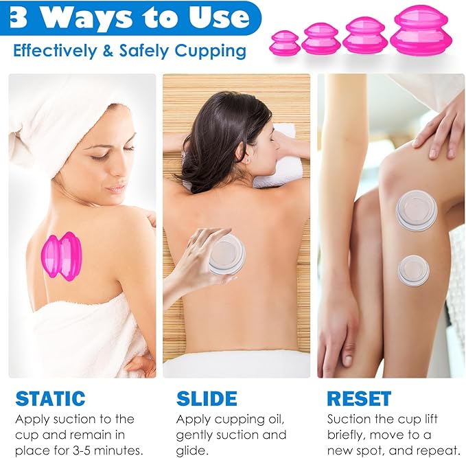 Silicone Cupping Therapy Set -3pcs Massage Cups for Muscle Relief & Cellulite Massage, Home Use Portable Body Sculpting Kit with Large, Medium, Small Cups (Rose Red)