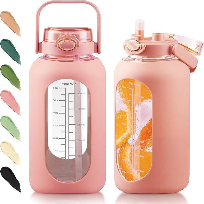 Glass Water Bottle with Straw and Handle Lid Half Gallon Motivational Glass Bottle with Silicone Sleeve and Time Marker Large Reusable Sports Water Jug for Gym Home Workout