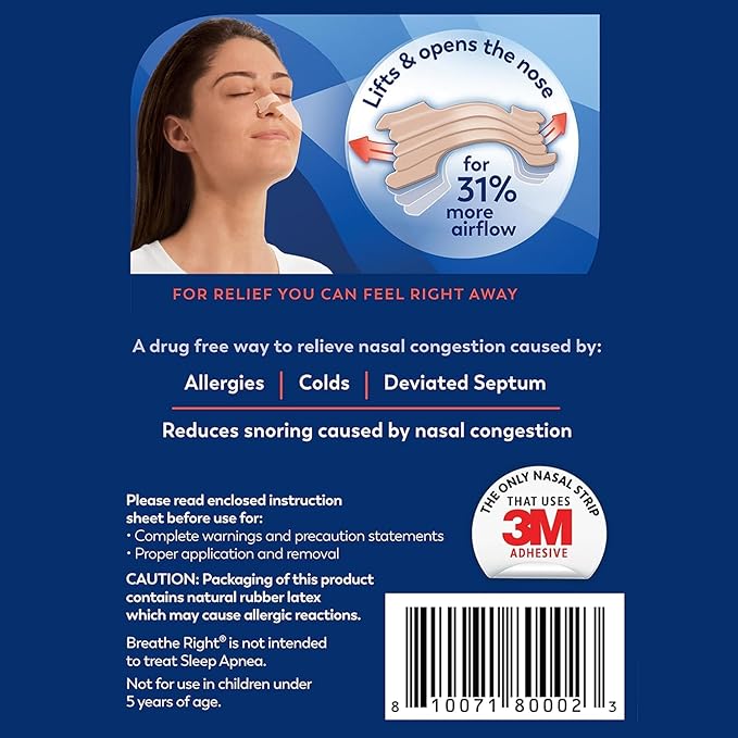 Breathe Right Nasal Strips Extra Strength Tan Nasal Strips Help Stop Snoring Drug-Free Snoring Solution & Instant Nasal Congestion Relief Caused by Colds & Allergies 26ct