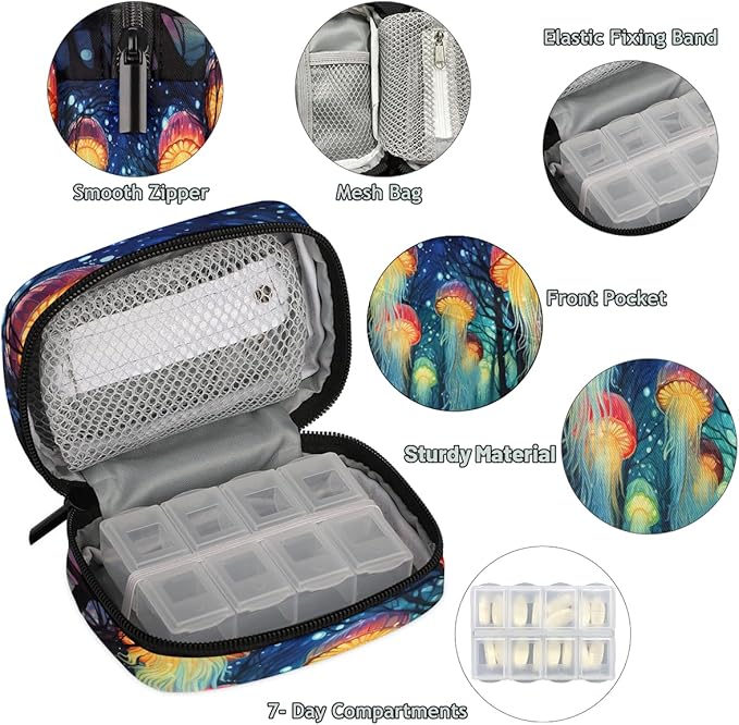 Abstract Tree Forest Jellyfish Travel Pill Organizer Box Weekly Portable Pill Case Daily Pills 7 Day Small Birth Control Pills Container Removable Compartments for Medicine Vitamins Fish Oil