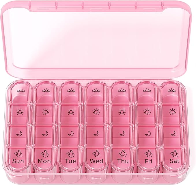 Zoksi Pill Organizer 4 Times a Day, BPA Free Weekly Travel Pill Box，Daily Pill Case with 28 Compartments to Hold Medicine, Vitamin and Supplement(Pink)