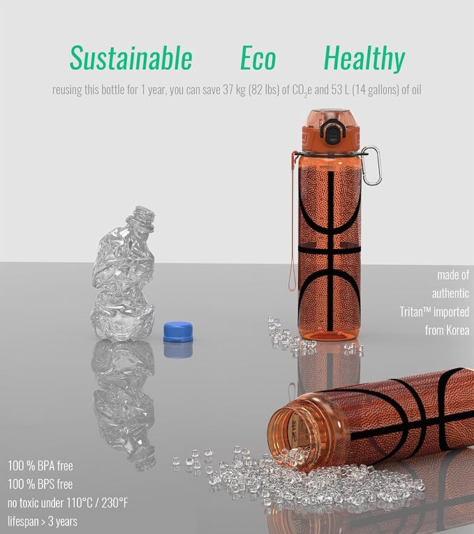 32oz/1L Sport Water Bottle, Light Tritan, Quick-Open Chug Lid/Straw 2-in-1, Leak-Proof, Dishwasher-Safe, BPA-Free, Drop-Resist & Scratch-Resist for Travel/Gym/Office/Fan Gift (Basketball)