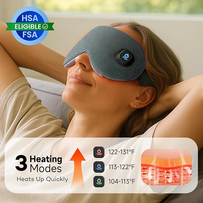 Ezona Cotton Cordless Heated Eye Mask, 2000mAh Warm Eye Compress Mask for Dry Eyes, Washable Eye Heating Pad for Travel, MGD,Blepharitis, Sinus Migraine with 10W Charger（Gray）