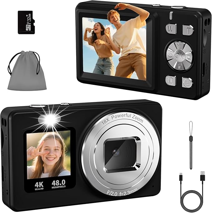 Digital Camera, 4K 48MP Autofocus Dual Screen for Selfies, 18X Zoom Fill Light, Portable Point and Shoot Camera with 32GB SD Card for Kids, Teens, Girls, Boys- Black