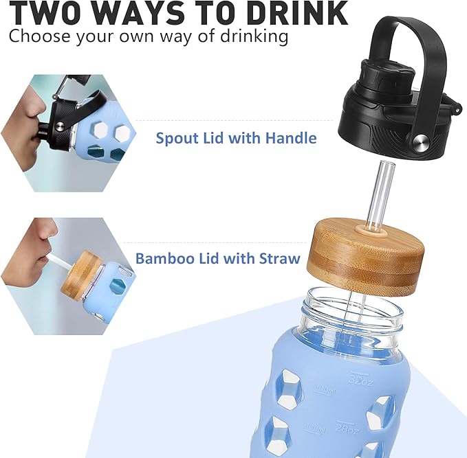 MUKOKO Glass Water Bottles,24oz Glass Tumbler with Straw,Drinking Bottles with 2 Lids-Handle Spout Lid&Bamboo Straw Lid,Motivational Water Bottle with Time Marker and Silicone Sleeve,1 Pack-Glacier