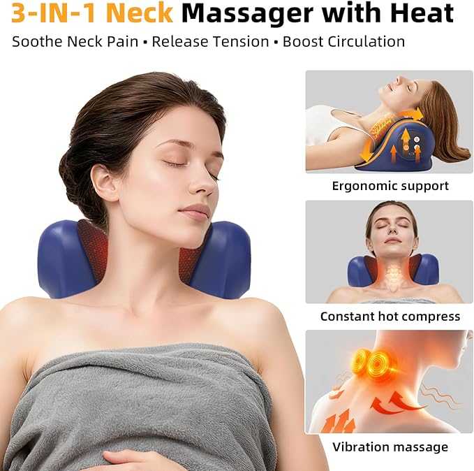 Neck Massager with Heat, Neck Massager Pillow with 3 Modes & Heat, 3-in-1 Wireless Electric Shoulder Massage with 2000mAH, Gift for Women Men Christmas