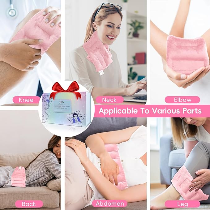 Heating Pad Microwavable and Eye Mask Set, Neck Heating Pads 26.6X5.3'' for Shoulders Back Hot Packs Pain Relief Stress Relief Warm Compress Microwave Wrap Pink Gift for Women Girls