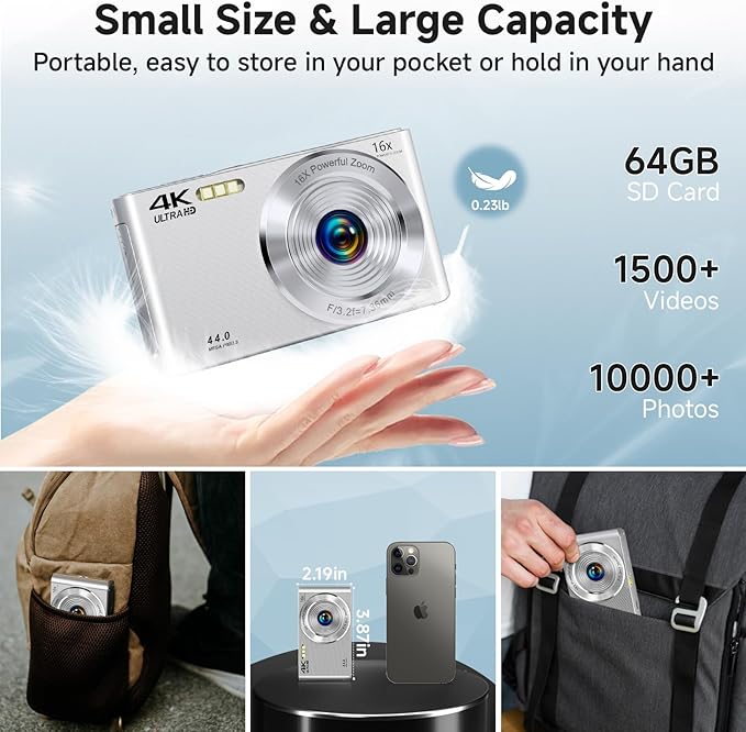 Digital Camera, 2026 4K Autofocus Digital Cameras for Teens, Silver Point and Shoot Camera for Kids with 16X Zoom, 64GB SD Card, Compact Small for Boys Girls Teens Kids Gift