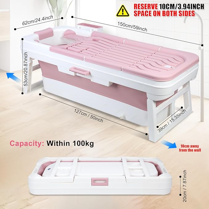Portable Bathtub, 58/56/50/46 Inch Collapsible Bathtub, Freestanding Foldable for Adults, Folding Tub for Shower, Hot Bath, Ice Bath (Pink-A-150cm)