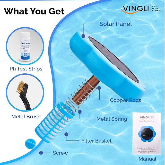 VINGLI Solar Pool Ionizer – Copper Pool Ionizer for Above Ground & Inground Pools up to 45,000 Gallons | Solar Ionizer for Pool with Efficient Water Clarification, 1-Year Warranty (Blue, Upgraded)