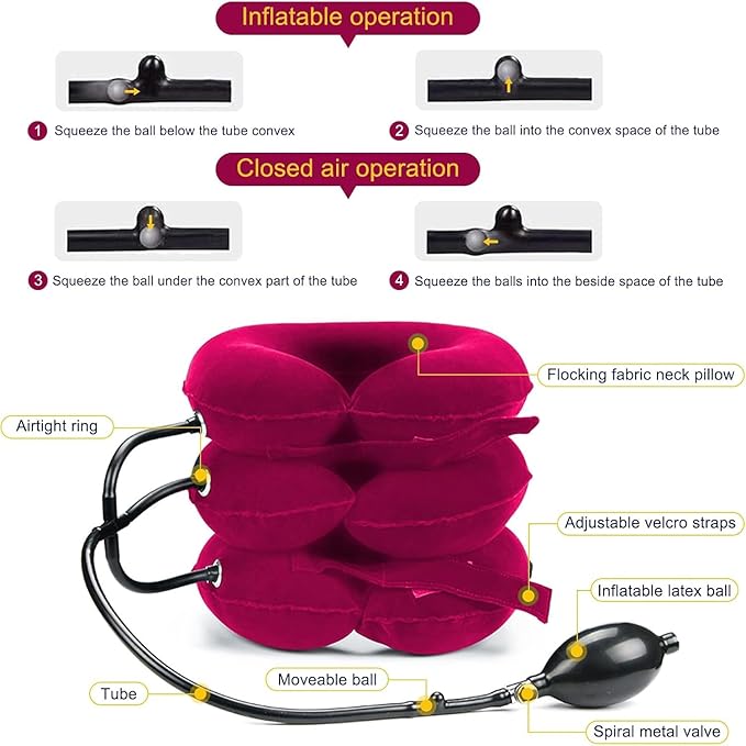 Neck Stretcher, Cervical Traction Device, Neck Traction Device for Neck Pain Relief, Adjustable Inflatable Neck Stretcher Cervical Traction and Neck Brace, Neck Decompression Home Use (Red)