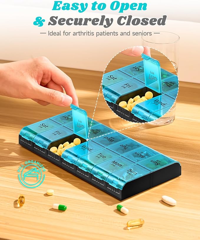 7 Day Extra Large Pill Organizer 2 Times a Day, Weekly Pill Box Twice a Day, XL AM PM Pill Case, Oversized Daily Medicine Organizer for Vitamin, Big Pill Container (Cyan)