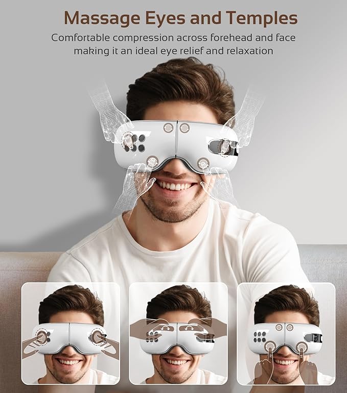 Eye Massager with Heat and Cooling for Migraine Dry Eyes Relief, Rechargeable Bluetooth Music Migraines Relief Eye Massager Improve Sleeping Gifts for Women Men