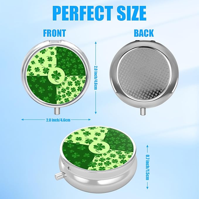 Pill Box, 3 Compartments Small St.Patrick's Day Pill Case Travel Portable Metal Medicine Box with Mirror Mini Container for Purse Pocket Women Men（Green Clover）