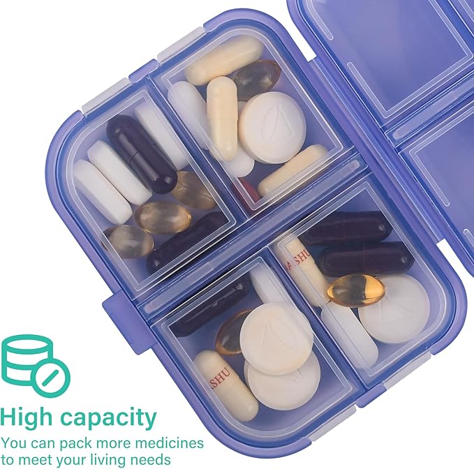 Travel Pill Organizer Small 8 Grid Compartments Pill Holder Box - Portable Medicine Container Case - Daily Weekly Medication Organizer