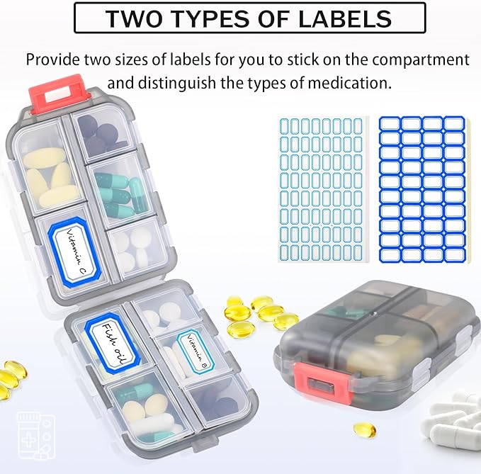 Travel Pill Organizer Portable Pocket Pill Case Small Pill Box for Purse Medicine Organizer Have 10 Compartments Storage Vitamin Fish Oil by INVODA (1PCS Gray+Lables)