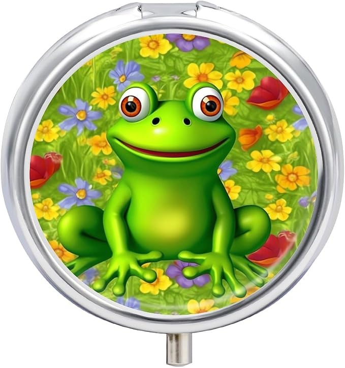 Frog Pill Box Travel Pill Case for Purse Pocket Weekly Medicine Organizer with Mirror 3 Compartment Round Medicine Case Portable PillcaseHolder for Daily