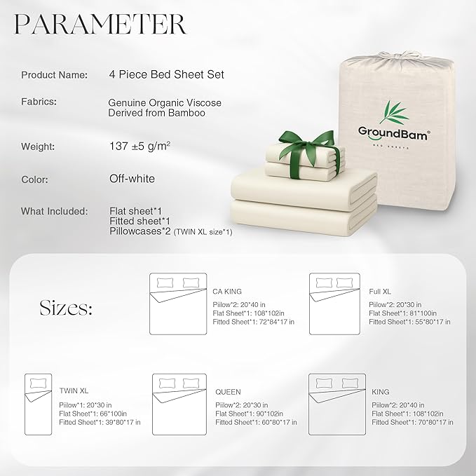 Silver Infused Bed Sheets Set, Temperature-Regulating Fabric with Self-Cleaning Technology for 3X Freshness Sleep, Genuine Organic Viscose Derived from Bamboo (OffWhite, CA King)