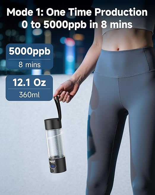Hydrogen Water Bottle - 5000 PPB in 8 Minutes, Cyclic Mode for 8 Hours, Self Clean, Aluminum & Glass, for Travel Sports Office Home, Gift for Father Mom Family Friends Clients(Black, 12Oz)