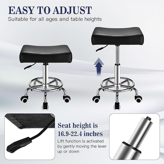 Square Salon Rolling Stool - 300lbs Weight Capacity，Adjustable Swivel Stool with Wheel，Pu Leahter Comfortable Cutting Stools for Salon Tattoo Stylist Massage Perfect for Work SPA (Premium Black)