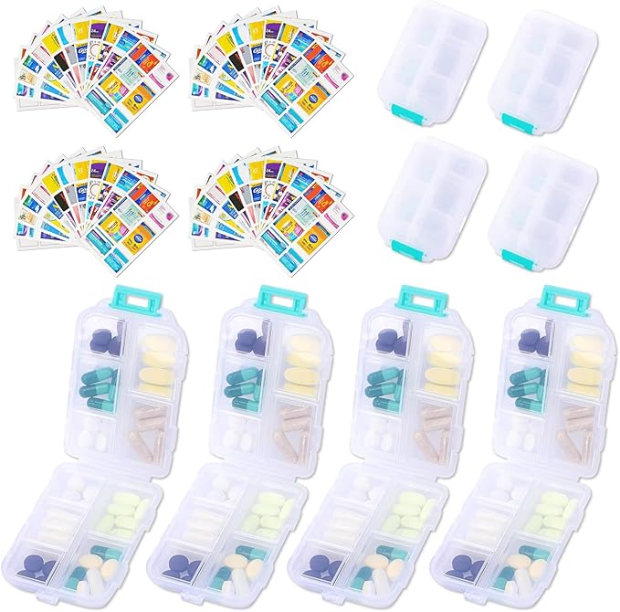 4PCS 7-Day Pill Organizer with Labels – Compact Daily Medication Case | Travel-Sized (3.7" x 2.4") Secure Lock | AM/PM Compartments | Includes 300+ Common Medicines Vitamins Health Product Sticker