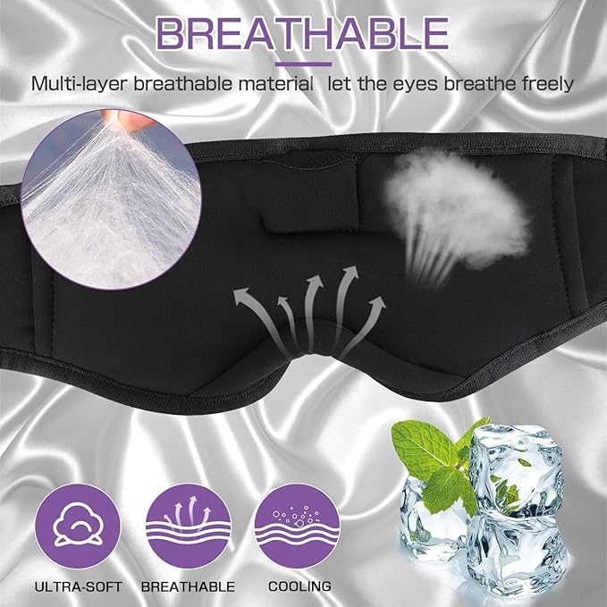 LC-dolida Bluetooth Sleep Mask,Wireless Bluetooth Sleep Mask,Sleep Headphones,Ideal for Travel,Night Work,Napping,Side Sleeping and Office Use for Both Men and Women，Earplugs Included