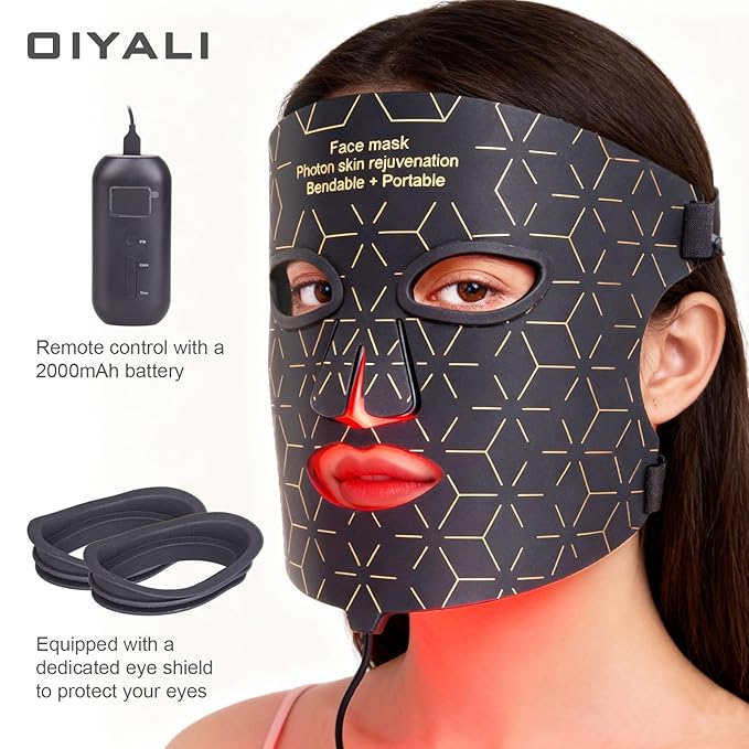 LED mask red light for face，4 types of light: near infrared, red, blue, and orange，2000mAh Rechargeable Remote，240 LED bulbs，Timing Function，Suitable for home and travel (Black)