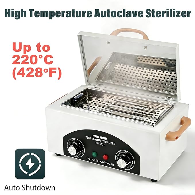 2.0L 220°C 428℉ High Temperature Autoclave Sterilizer, Dry Heat Nail Sterilizer Machine with Timer for Nail Tools Esthetician Barber's Tools, 110V, CH-360T