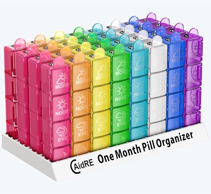 Monthly Pill Organizer 4 Times A Day, One Month Pill Organizer, Monthly Pill Box Organizer with 32 Daily Compartments for Fish Oil, Vitamins, Supplements and Medications, 31 Day Pill Case