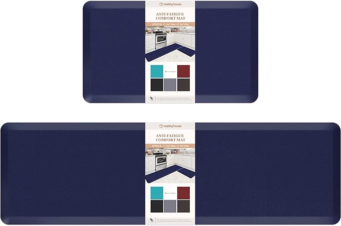 HappyTrends Kitchen Mat,17.3"x28"+17.3"x60" Navy, Cushioned Comfort Anti-Fatigue Waterproof Floor Mat Kitchen Rugs, Thick Perfect Ergonomic Foam Standing mat for Kitchen, Home, Office, Laundry