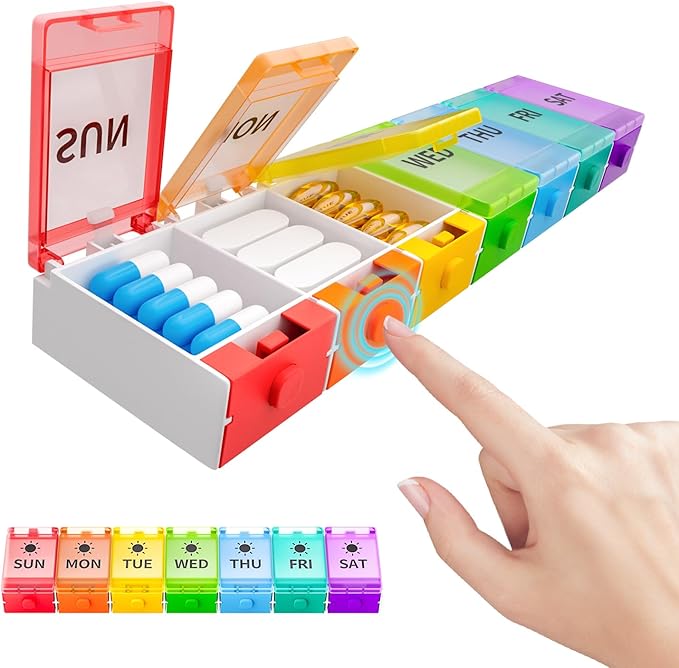 Weekly Pill Organizer, 7 Day Pill Box Case BPA-Free, Medicine Pill Organizer with Innovative Push Button Design, Large Pill Container for Vitamins, Cod Liver Oil, Supplements and Medication