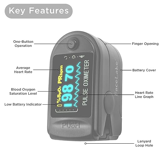 FL-350 Pulse Oximeter with Carrying Case & Batteries & Lanyard, Black