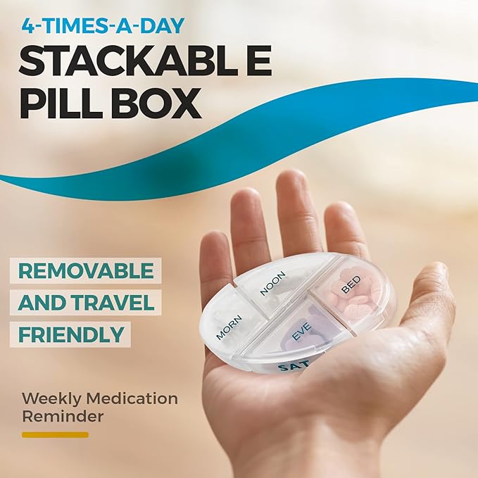 MEDca Weekly Pill Organizer, 1 Dispenser, 7 Stackable Compartments Four Times-a-Day - Morning, Noon, Evening, and Bedtime, Grey