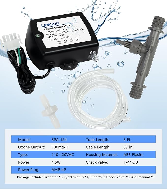 Ozone Generator for Hot Tubs, SPA Ozonator with Injector Venturi for Cold Plunge and Swim Spas, Portable Mini Ozone Generator with Check Valve and Tubes(AMP-4 Plug)