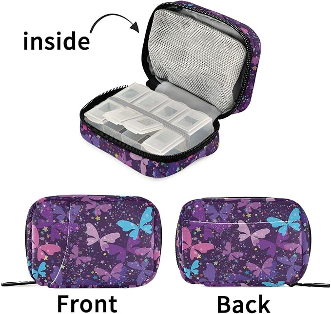 Fustylead Bright Fantasy Purple Butterflies and Stars Pill Organizer Case with Zipper 2 Times A Day for Vitamin and Supplement, 7 Day Travel Organizer Medicine Case