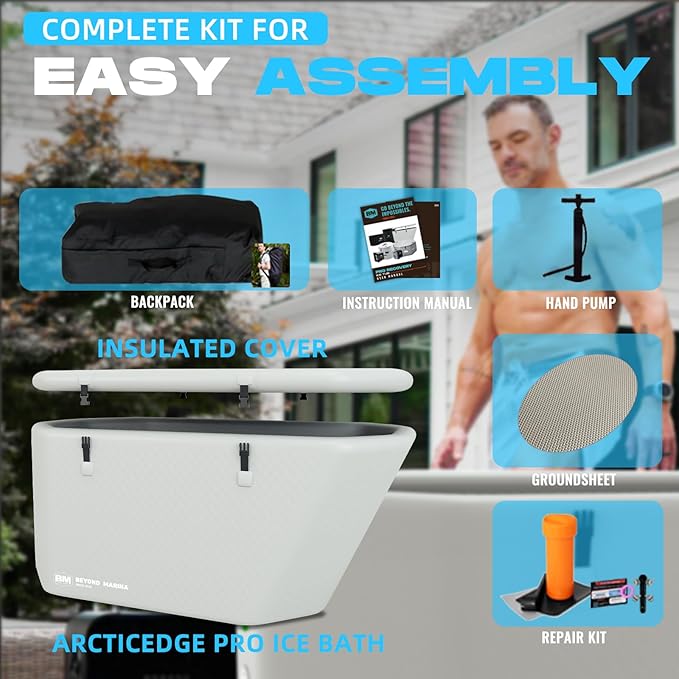 Inflatable Ice Bath Tub for Athletes - Slanted-Edge Cold Plunge Tub Compatible Water Chiller, Insulated Lid, EVA Groundsheet, Backpack, 155 Gallon, 61" L x 31.5" W x 24.8" H