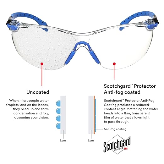 3M Safety Glasses for Men and Women, Solus 1000 Series, ANSI Z87, Scotchgard Anti-Fog, Clear Lens, Low Profile, Blue/Black Frame